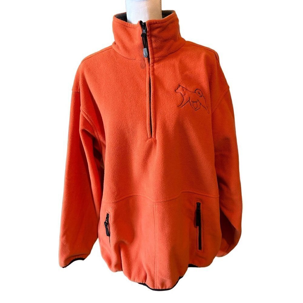 Devon & Jones Men's Sz Large Fleece Sweater Orange 2 Pockets 1/4 Zip Husky Dog